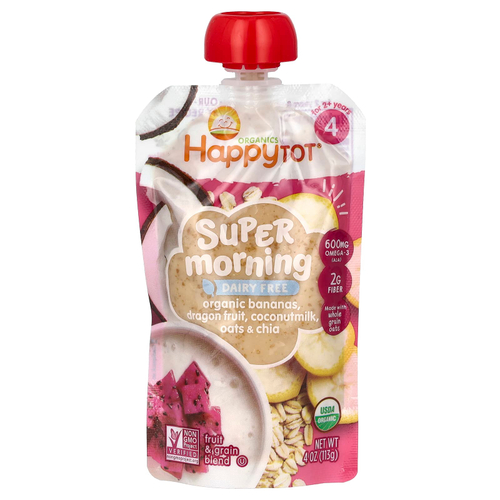 Happy Family Organics, Happy Tot®, Super Morning, без молочных продуктов, для детей от 2 лет, органические бананы, питайя, кокосовое молоко, овес и чиа, 113 г (4 унции)