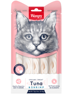 Wanpy Cat Лакомство для кошек «нежное пюре» из тунца и креветок 70 г (5шт х 14г)