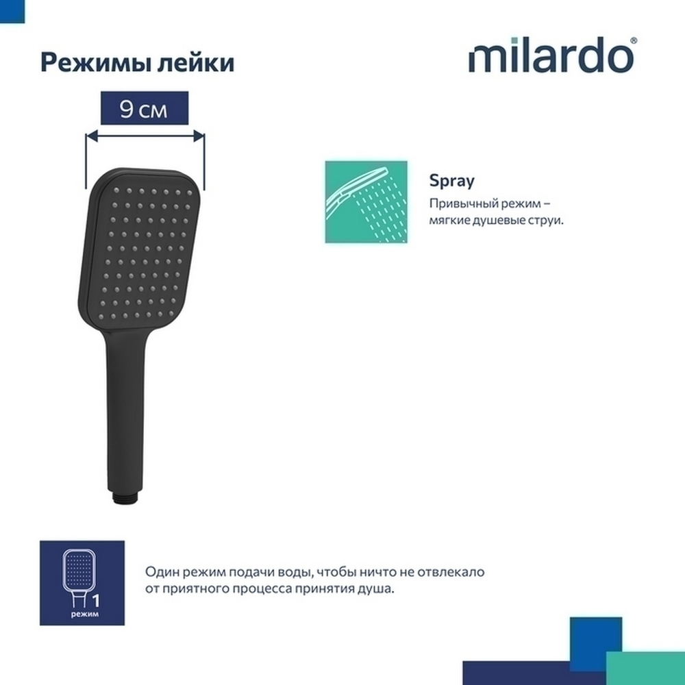 Лейка для душа Milardo ILS1FBSM18 Идеал Спа (Ideal Spa) квадрат, 1 режим, ЧЕРНЫЙ матовый, коробка