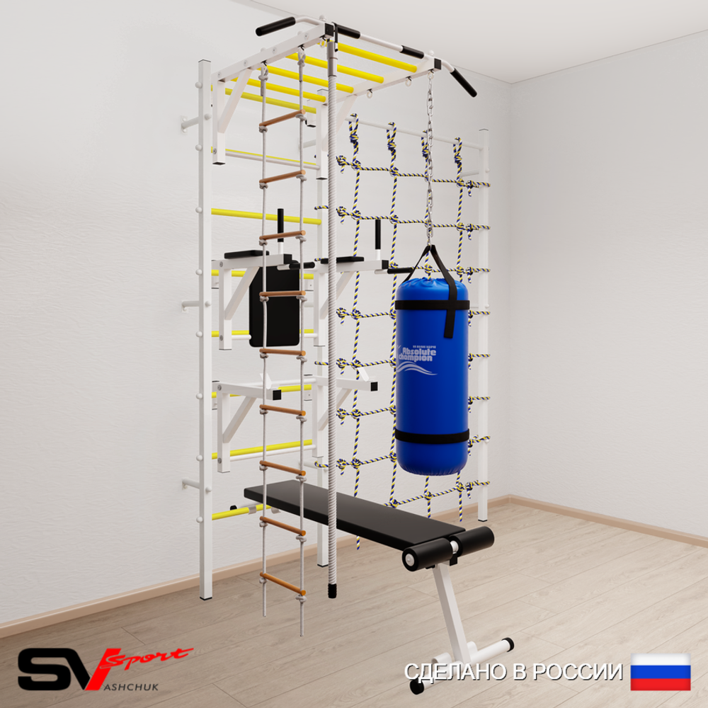 Шведская стенка Sv Sport усиленная 66510 (Турник рукоход/Брусья/Стойка/Скамья/Канат/Лестница/Цепь/Мешок 15кг/Канатный лаз)