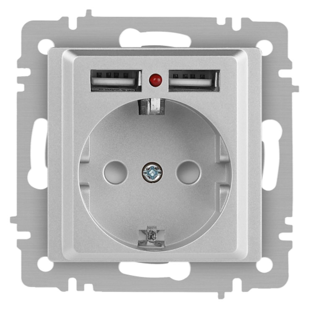 Розетка Intro Accent 6-410-03 с заземлением 2P+E Schuko со шторками 16А-250В + 2хUSB IP20 СУ алюминий | Intro
