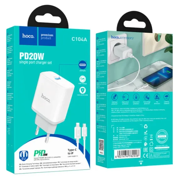 Adapter Сетевое зарядное устройство с кабелем HOCO C104A Stage single port PD20W Charger Set (C to iP)(EU) White