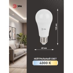 Лампа светодиодная ЭРА STD LED A60-17W-840-E27 17Вт груша нейтральный белый свет Е27 | Лампы cветодиодные Груша (A)