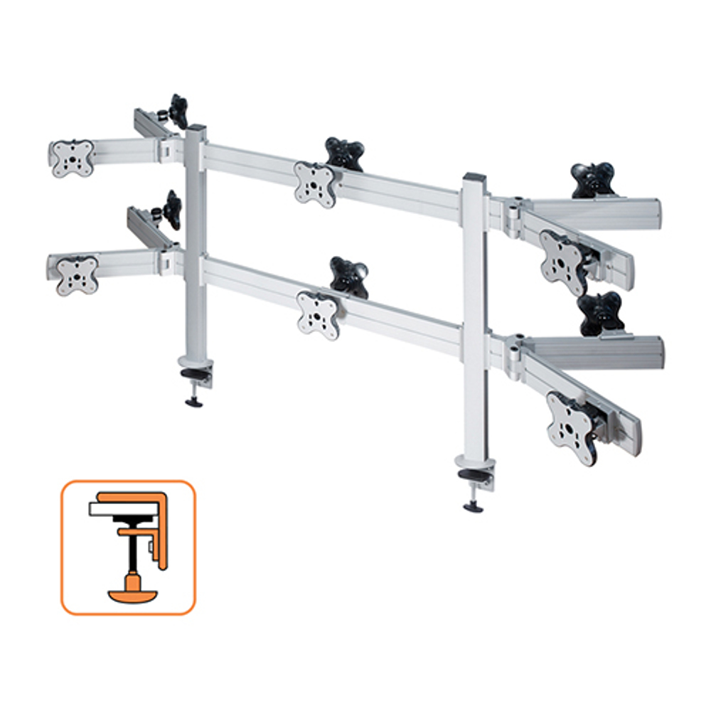 ErgoFount TBBS-1200WC Настольное крепление back-to-back для 12 мониторов диагональю до 24'' конфигурации 2х3 с зажимом к столу типа "С". Цвет - серебристый