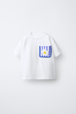 ZARA ФУТБОЛКА С ВИШНЕВЫМ КАРМАНОМ ИЗ КРУЖЕВА КРОШЕ, БЕЛЫЙ