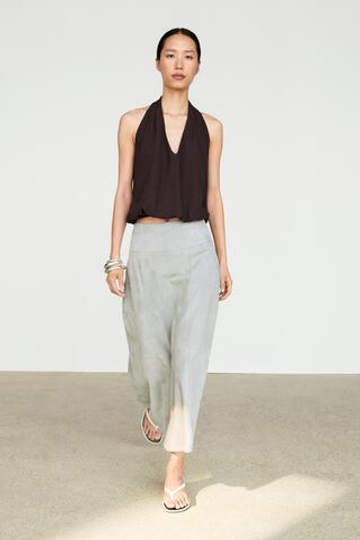 Massimo Dutti Топ из хлопка с горловиной халтер и эластичным низом, коричневый
