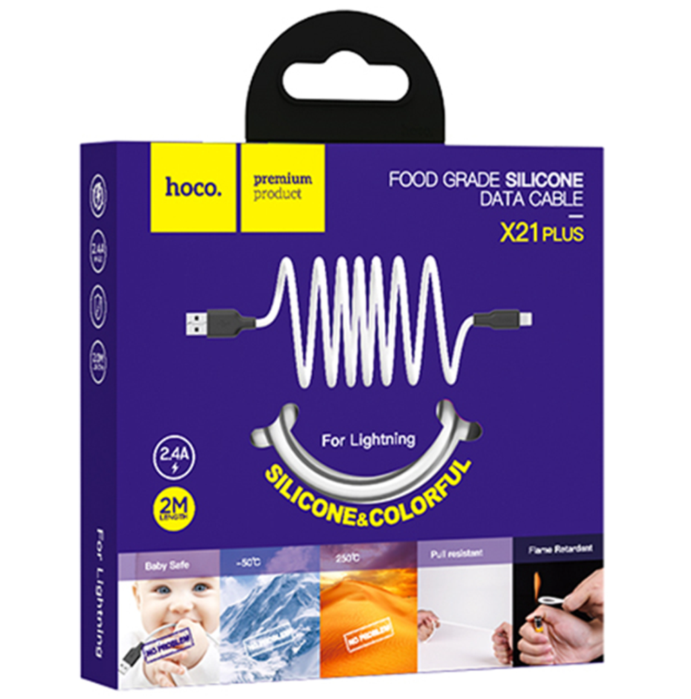 Usb Кабель-зарядка Lightning Hoco X21 Plus 2.4A 2м мягкий силиконовый белый