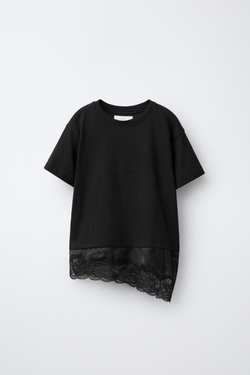 ZARA КОМБИНИРОВАННАЯ ФУТБОЛКА С КРУЖЕВОМ, ЧЕРНЫЙ