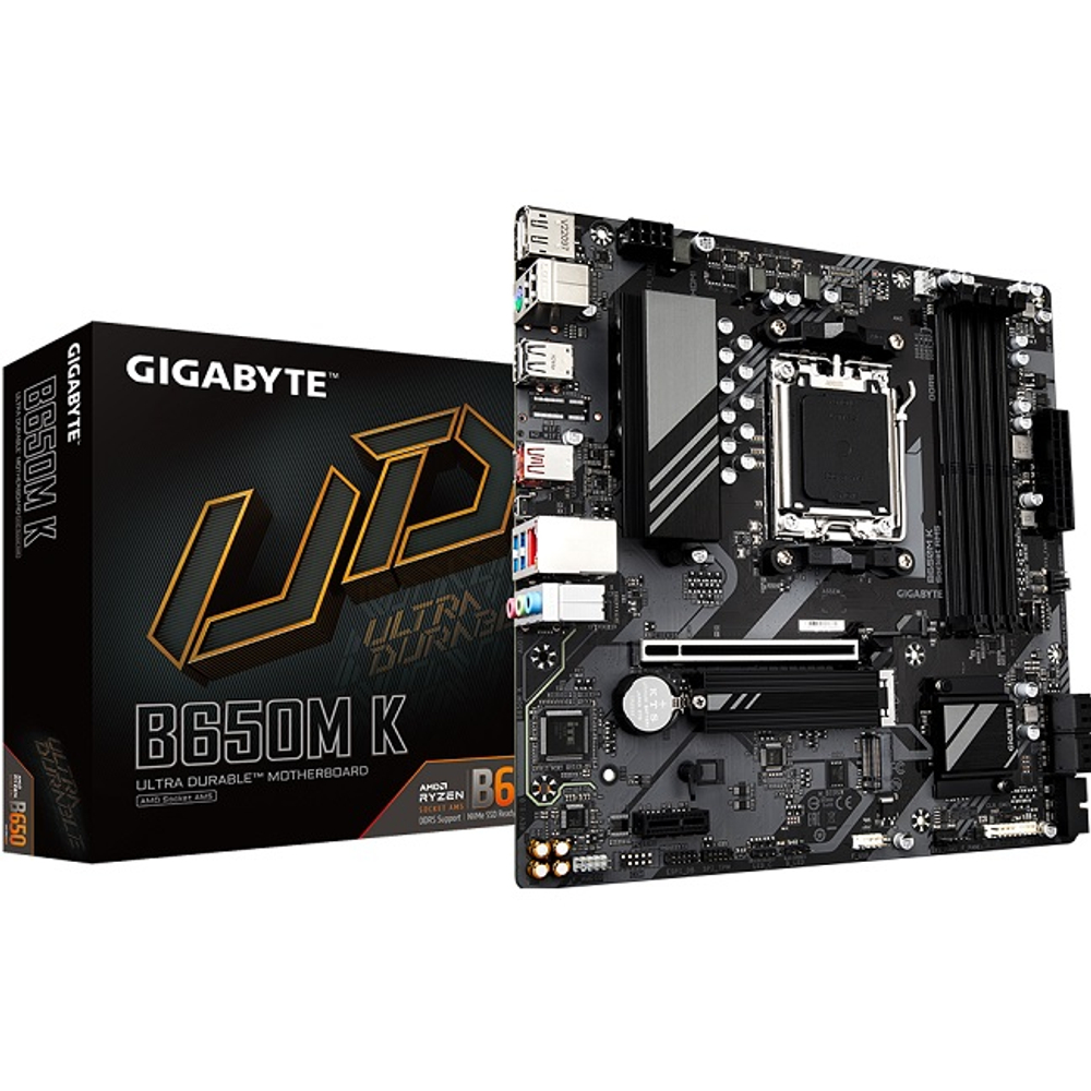 Материнская плата GIGABYTE B650M K (AM5/AMD B650/4xDDR5/PCI-Ex16/2xM.2/SB7.1/GLAN/DisplayPort/HDMI/mATX)