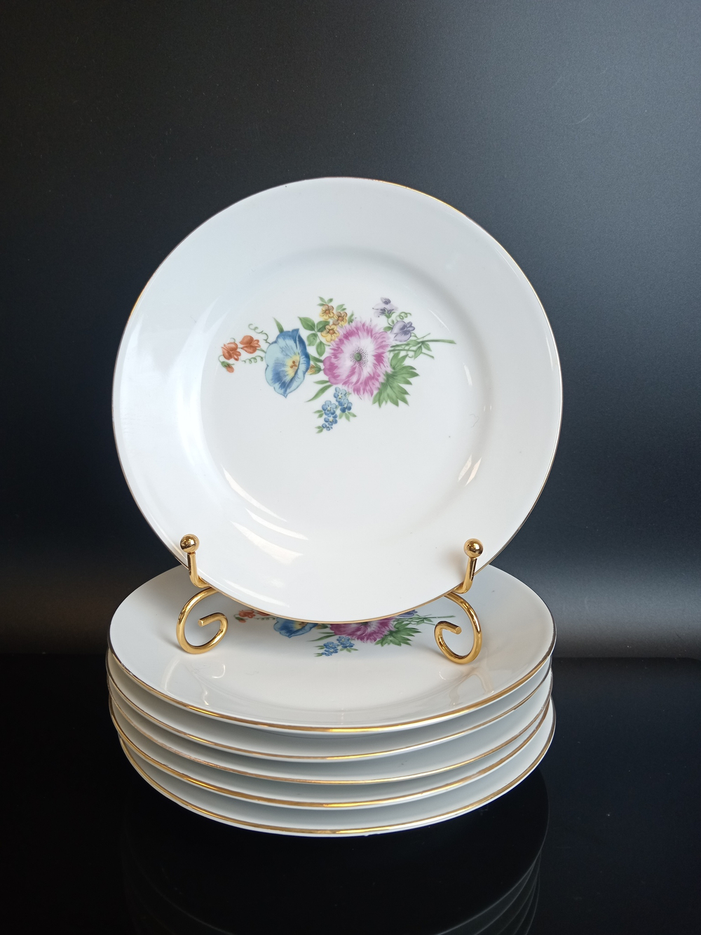 Тарелочки десертные набор из 6 штук, «Мейсенский букет», фарфор, клеймо Kahla, Кахла, ГДР, винтаж 1968-1987 гг