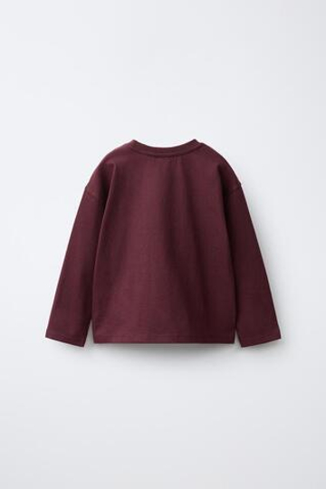 ZARA ФУТБОЛКА С ВЫШИТОЙ ДЕТАЛЬЮ, БАКЛАЖАННЫЙ