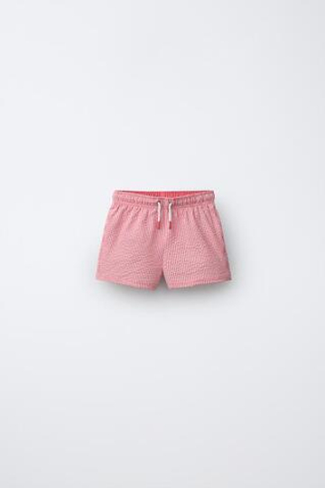 ZARA ПЛАВКИ ИЗ ЖАТОЙ ТКАНИ В ПОЛОСКУ, КОРАЛЛОВЫЙ