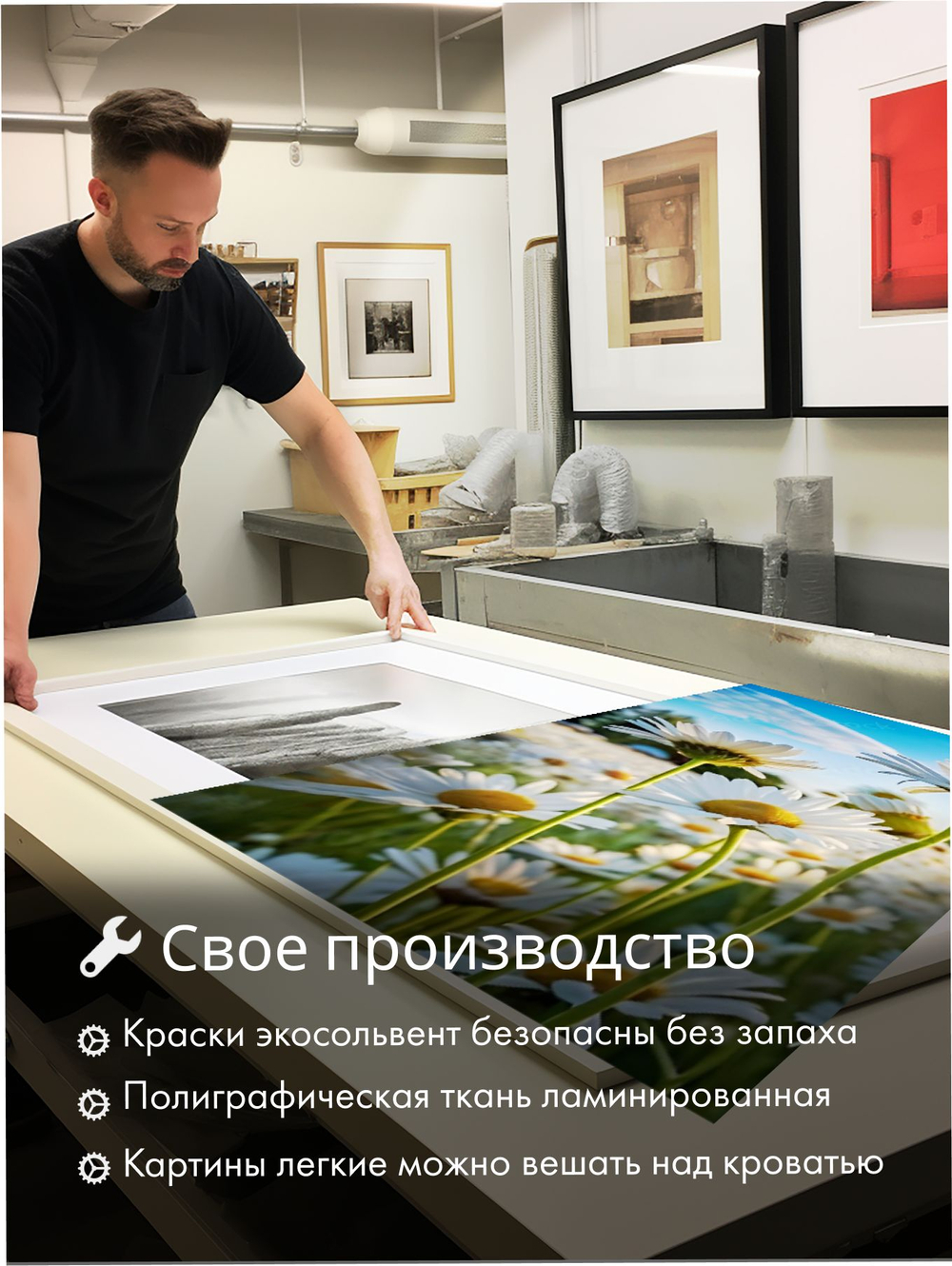 Картина Солнечное поле ромашек модульная 50x70см 3шт., на деревянном подрамнике