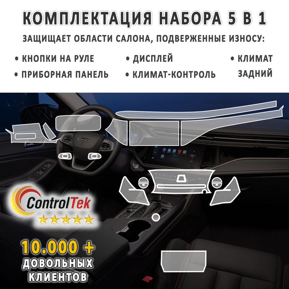 OMODA S5 (2023) - комплект защитных пленок 5 в 1. Пленка защитная ControlTek HYBRID со слоем TOP COAT. Толщина: 6 mil. (175 мкм.)