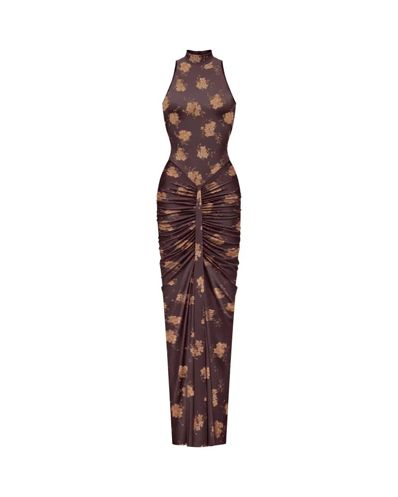 Иви макси (Ivy maxi), платье макси из шоколадного бифлекса с цветочным принтом