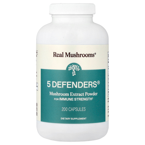Real Mushrooms, 5 Defenders®, порошок с экстрактом грибов, 200 капсул