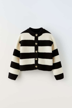 ZARA ТРИКОТАЖНЫЙ КАРДИГАН В ПОЛОСКУ, ЧЕРНЫЙ