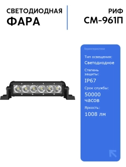 Светодиодная фара дальнего света РИФ 192 мм 18W LED с высокой яркостью 1008 лм, IP67, для автомобилей, долговечность 50000 часов