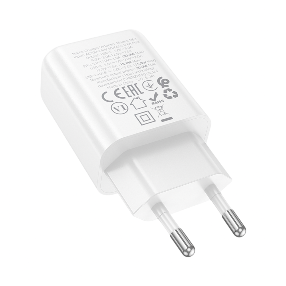 Сетевое зар. устр. Hoco N63 1USB/1С PD/QC3.0 3A 30W белое