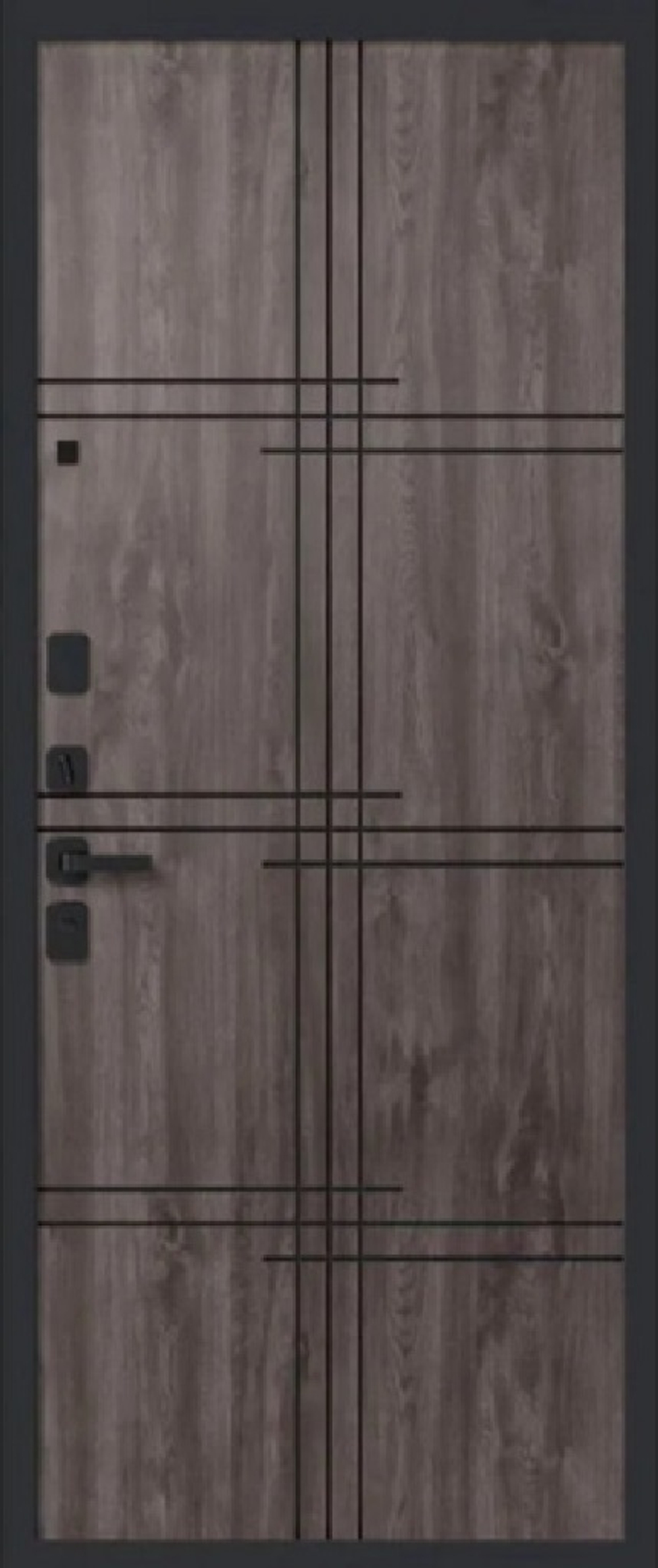 Входная дверь Волга-Бункер СЕНАТОР Чёрный муар+Орех Ларче+Шпон - Grey oak Vinorit
