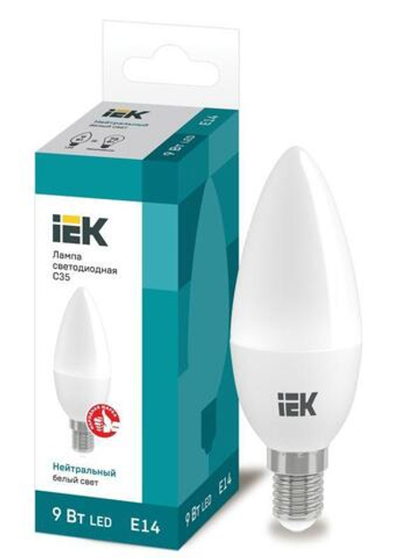 Лампа светодиодная Eco 9Вт C35 свеча 4000К нейтр. бел. E14 230В IEK LLE-C35-9-230-40-E14