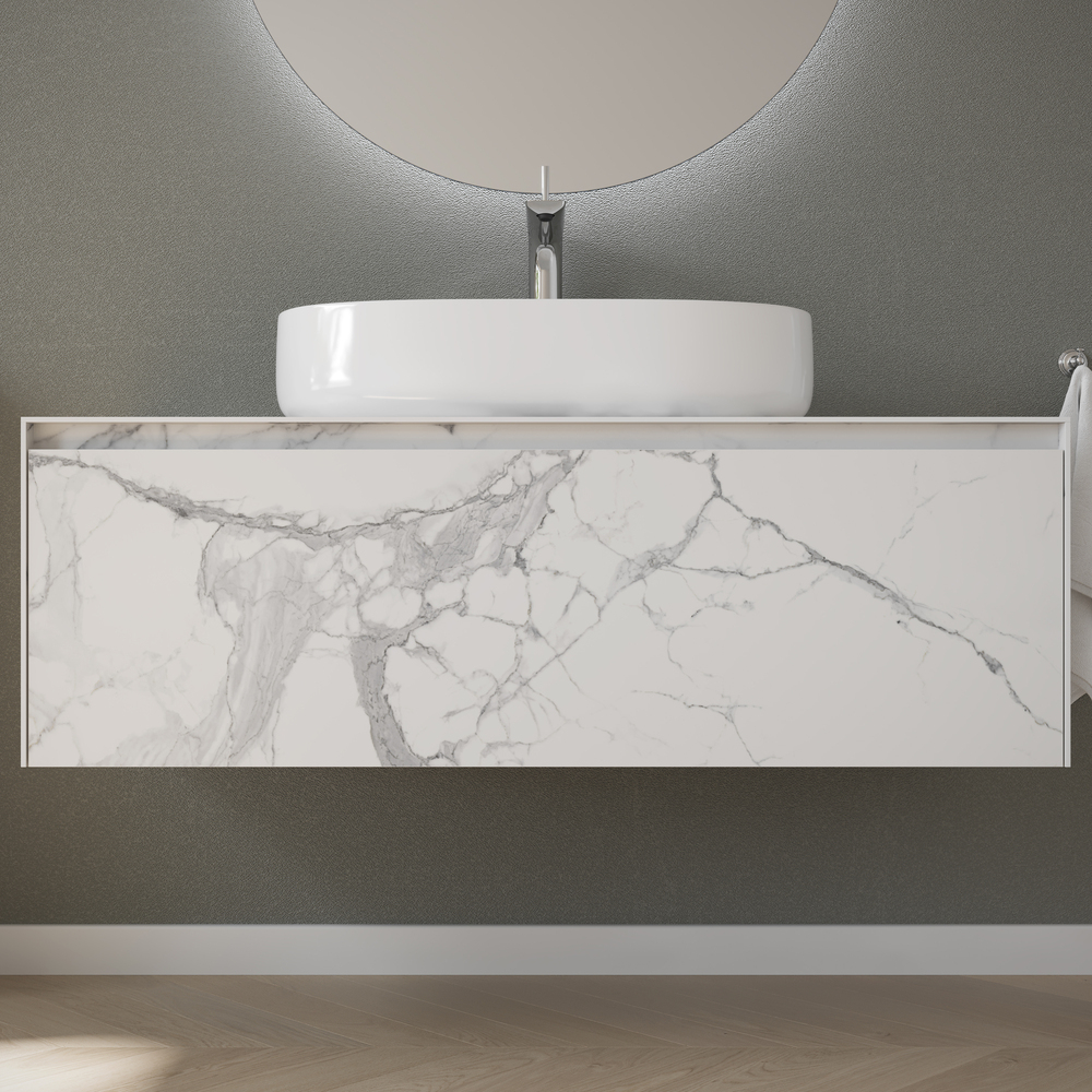 Тумба подвесная под раковину Sancos Stone, керамогранит Statuario white 1200х400х495, арт. ST120SV