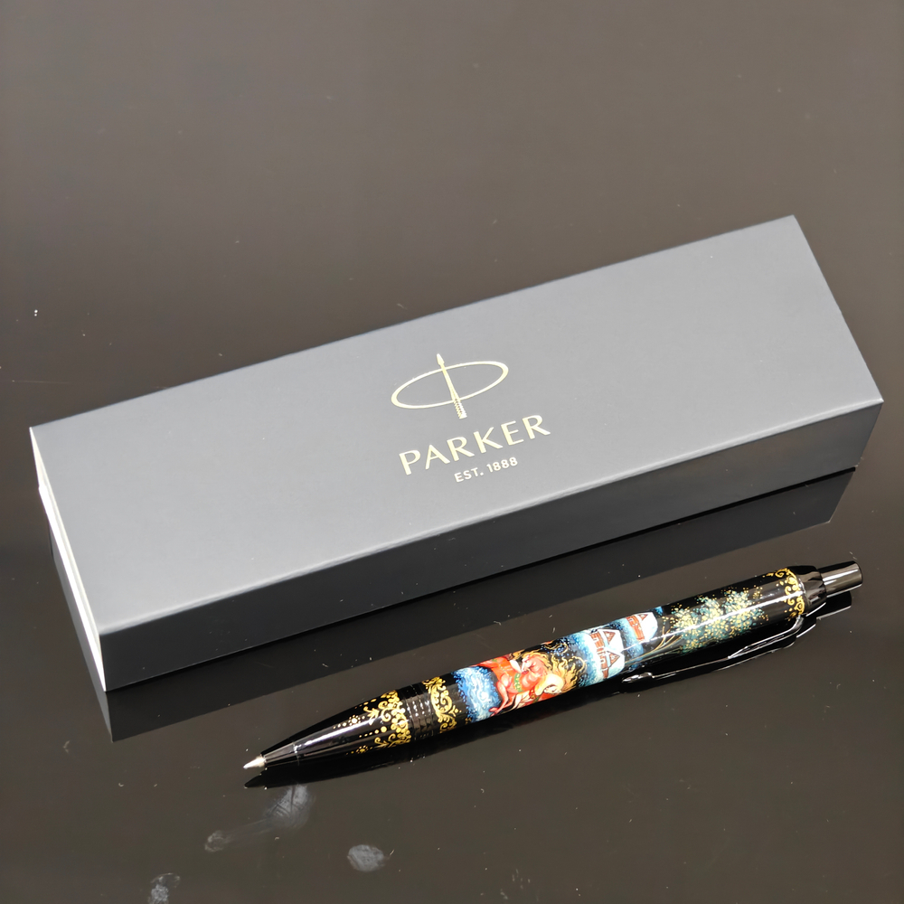 Сувенирная авторучка Parker "Сказочная тройка" на черном с ручной росписью Палех в коробке