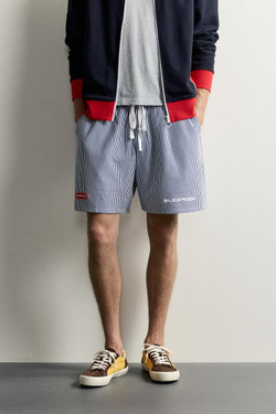 ZARA ШОРТЫ RELAXED FIT В ПОЛОСКУ С НАШИВКАМИ, СИНИЙ/БЕЛЫЙ