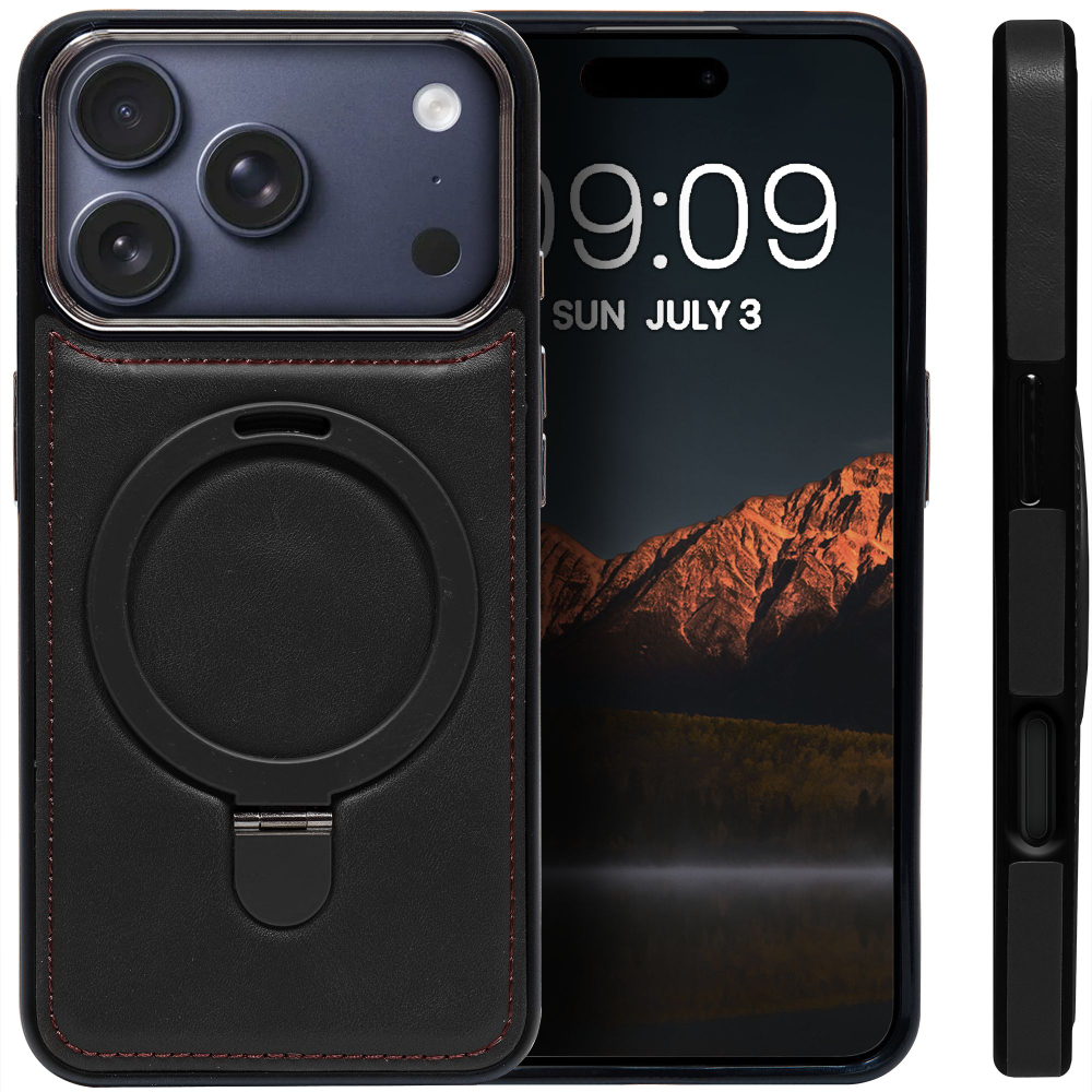 Business style чехол из кожи для IPHONE 17 PRO с кольцом-подставкой и бархатной подкладкой