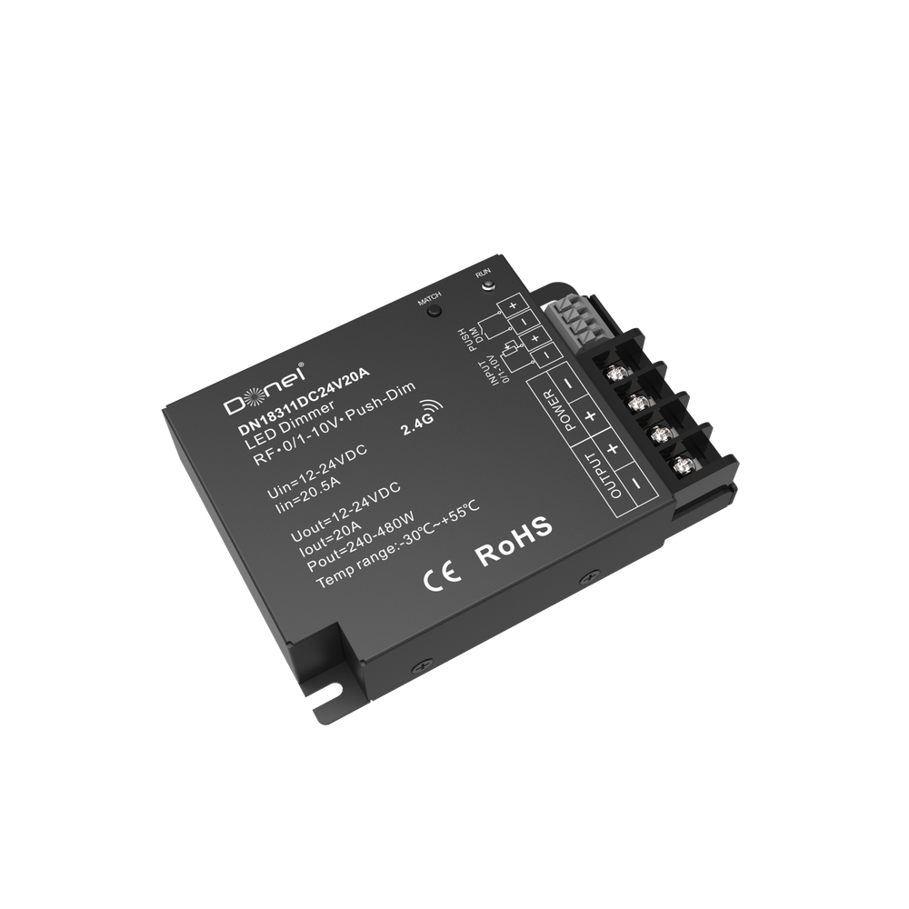 Контроллер RF,  напряжение питания 12-24V,  1 канал на 20А,  выходная мощность 1×(240-480)W,  управление Push-Dim или 0/1-10V   Артикул: DN18311DC24V20A