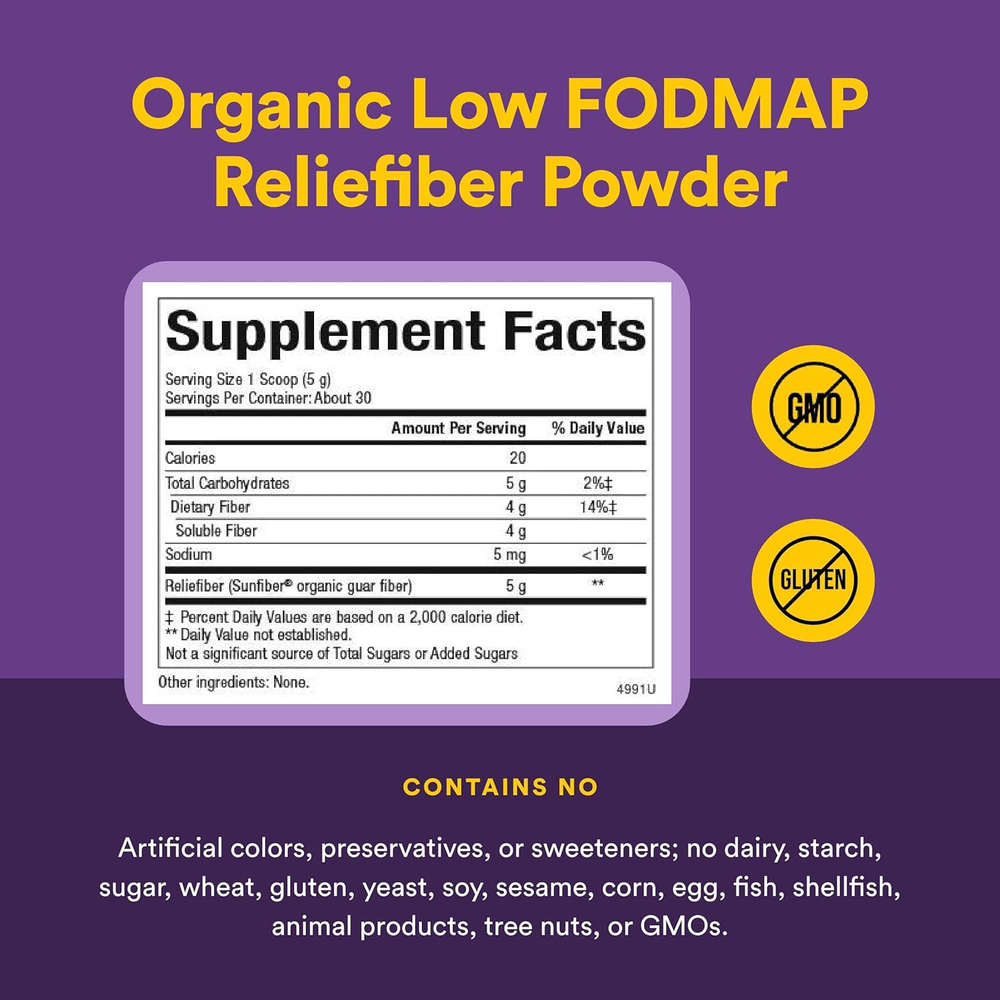 Natural Factors, Reliefiber®, органическая добавка с низким уровнем Fodmap†, с нейтральным вкусом, 150 г (5,3 унции)