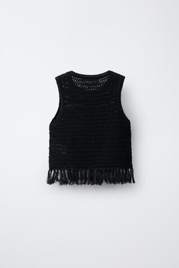 ZARA ТРИКОТАЖНЫЙ ТОП С БАХРОМОЙ, ЧЕРНЫЙ