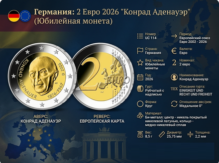 Германия 2 евро, 2026 Конрад Аденауэр