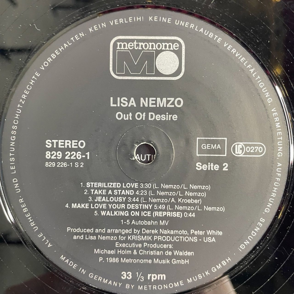 Винтажная виниловая пластинка LP Lisa Nemzo Out Of Desire (Germany 1986)