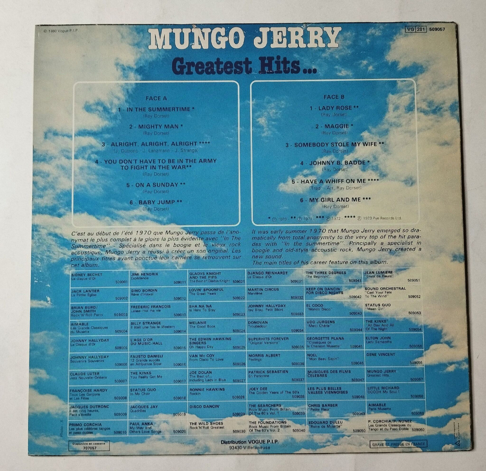 Винтажная виниловая пластинка LP Mungo Jerry Greatest Hits (France 1980)
