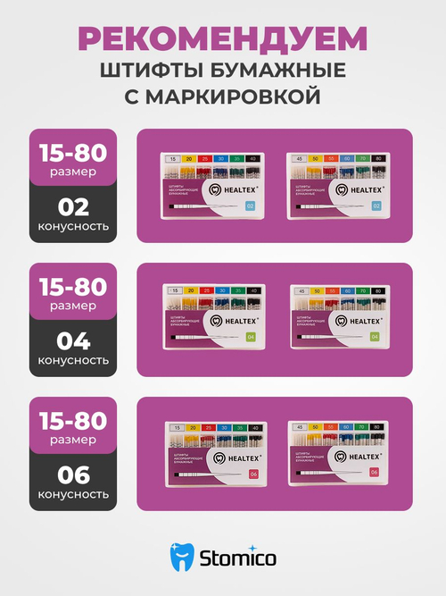 Штифты абсорбирующие бумажные Healtex набор PMM70/2 Kit с маркировкой длины, конусность 02, размер 70 - 200шт