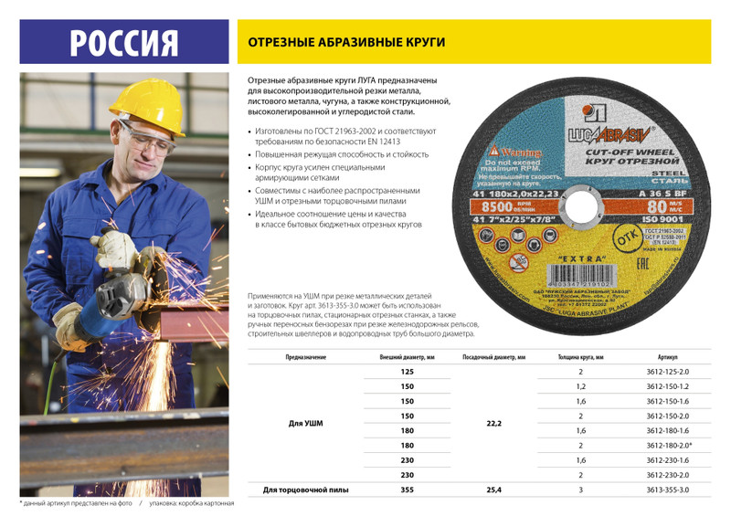 ЛУГА 150 x 1.6 x 22.2 мм, для УШМ, круг отрезной по металлу (3612-150-1.6)