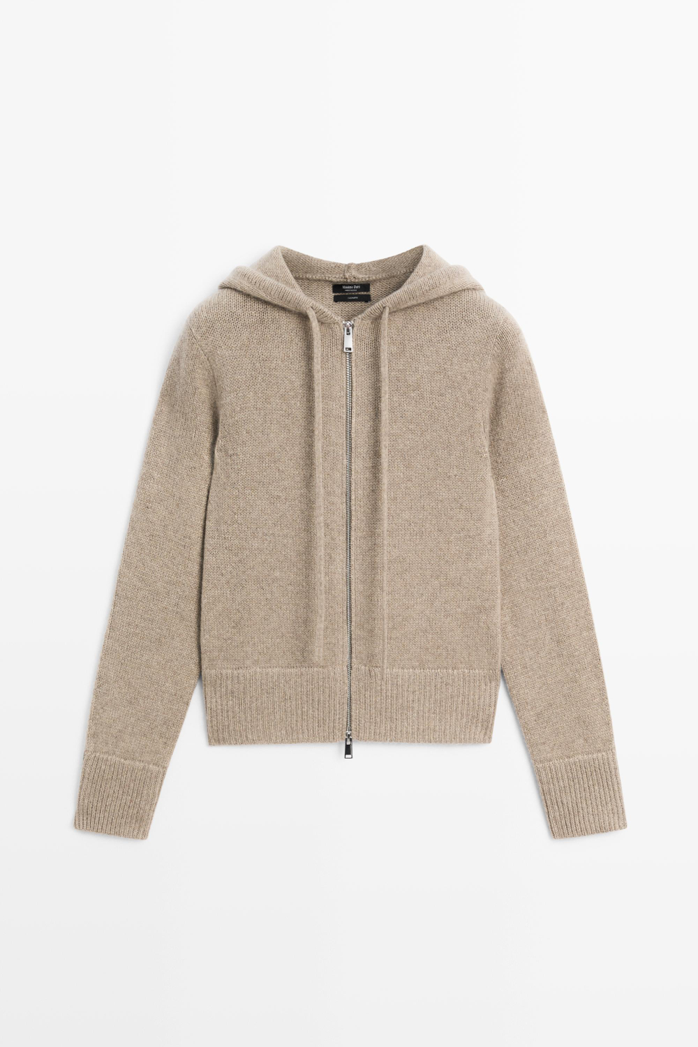 Massimo Dutti Кардиган из 100% кашемира с капюшоном и молнией, бежевый
