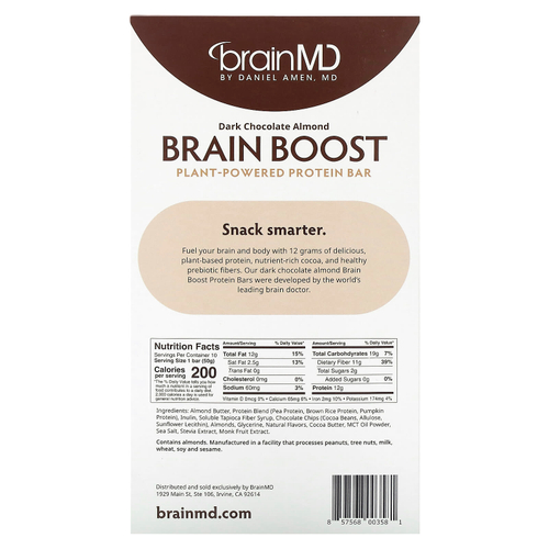 BrainMD, Brain Boost, батончик на растительной основе, протеиновый батончик, темный шоколад и миндаль, 10 батончиков по 50 г (1,5 унции)