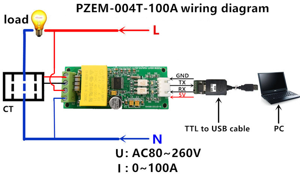 Цифровой измеритель тока, PZEM-004T, 0-100 А, 80-260 В