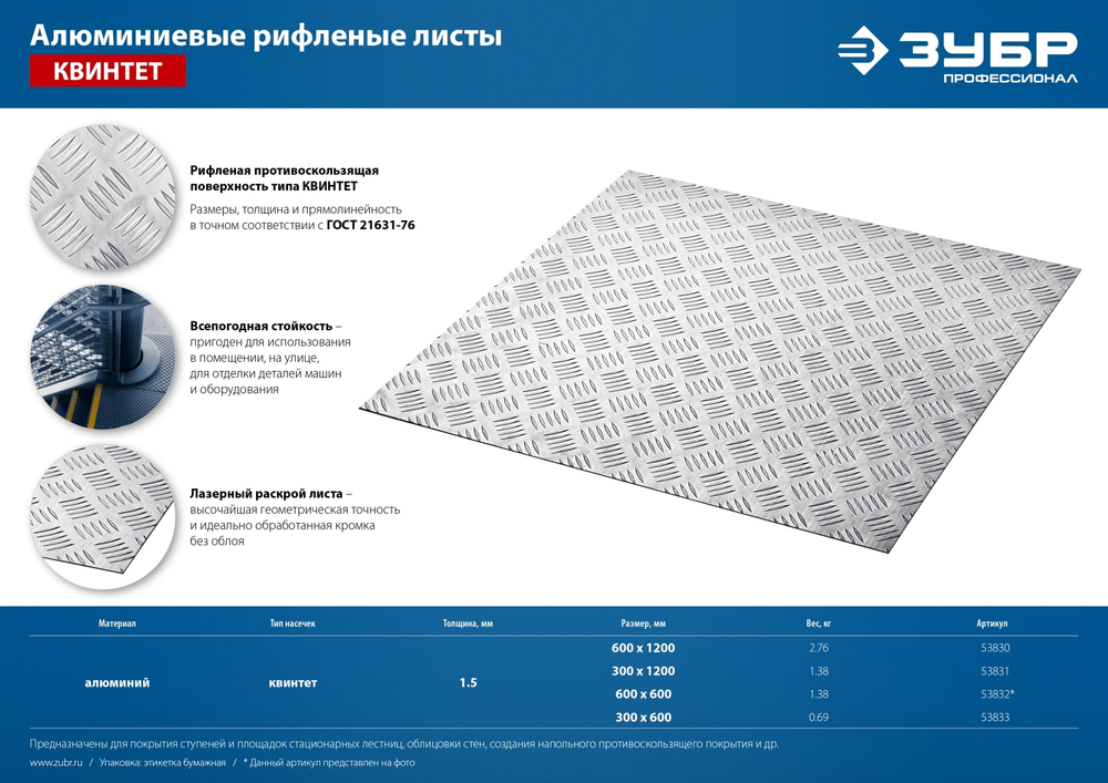 ЗУБР Квинтет, 300 х 1200 х 1.5 мм, алюминиевый рифленый лист, Профессионал (53831)