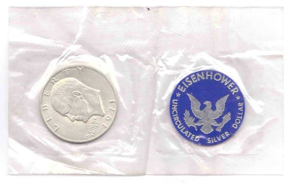 1 доллар 1971 год. (S) США Эйзенхауэр (лунный) с жетоном UNC