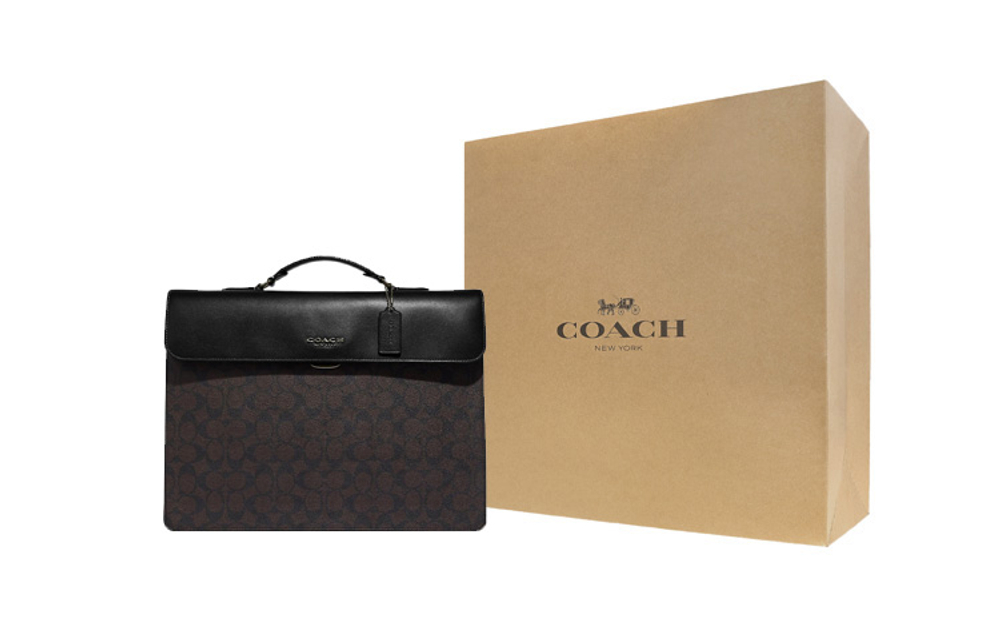 COACH Graham Coated Canvas With Calfskin Handbag Briefcase Large Men"s Black & Dark Khaki