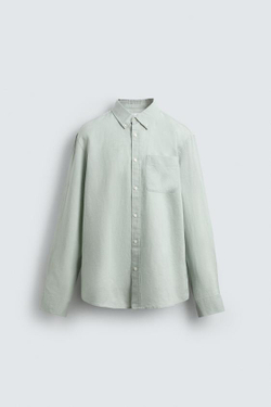 ZARА РУБАШКА REGULAR FIT ИЗ ЛЬНА И ХЛОПКА, ВОДЯНИСТО-ЗЕЛЕНЫЙ