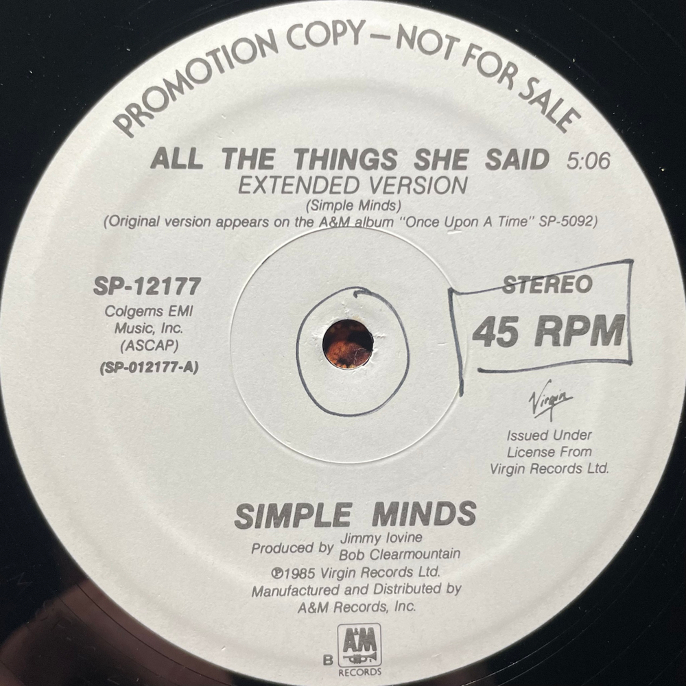 Виниловая пластинка Simple Minds ‎– All The Things She Said / Don't You 12", 45 RPM