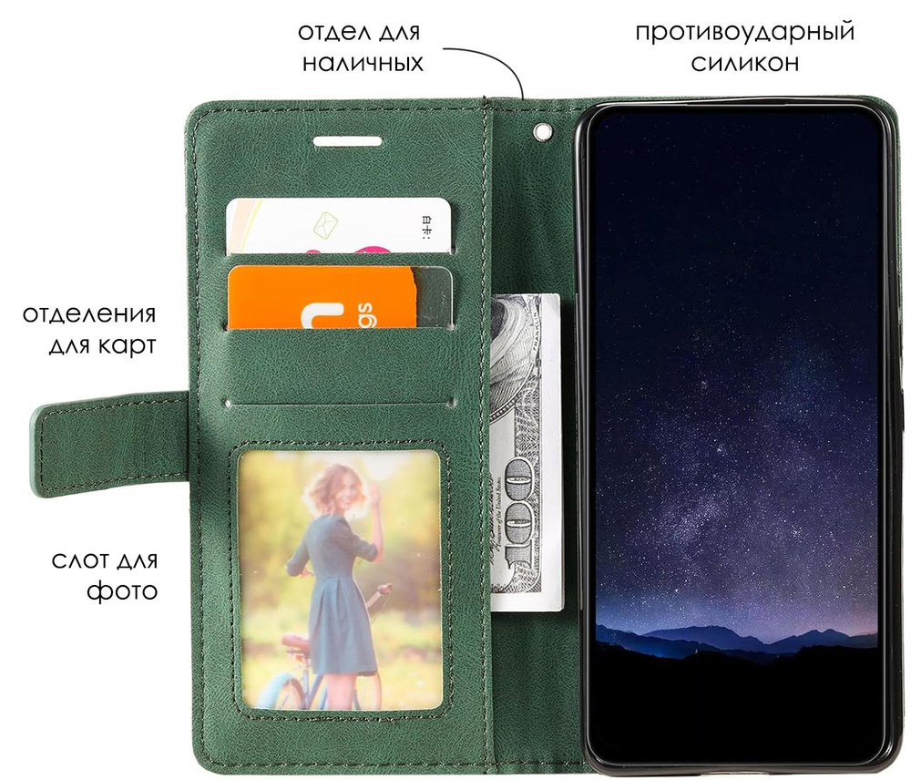 Дизайнерский чехол-книжка из кожи для SAMSUNG GALAXY A50/ 50s/ 30s с отделом для наличных, 3 слотами для карт и подставкой