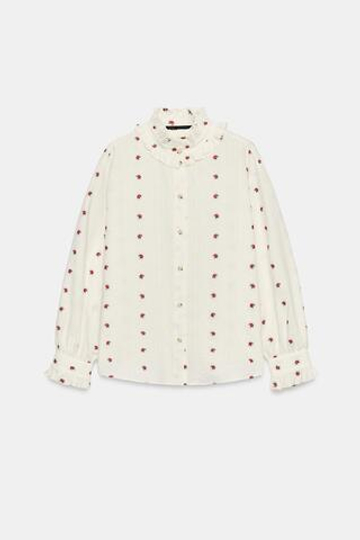 ZARA БЛУЗА С ЦВЕТОЧНЫМ ЖАККАРДОВЫМ УЗОРОМ И ВОЛАНАМИ, ЭКРЮ/КРАСНЫЙ