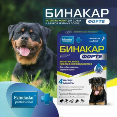 Бинакар форте для собак, препарат для защиты и борьбы с двукрылыми насекомыми, иксодовыми, саркоптоидными клещами и блохами