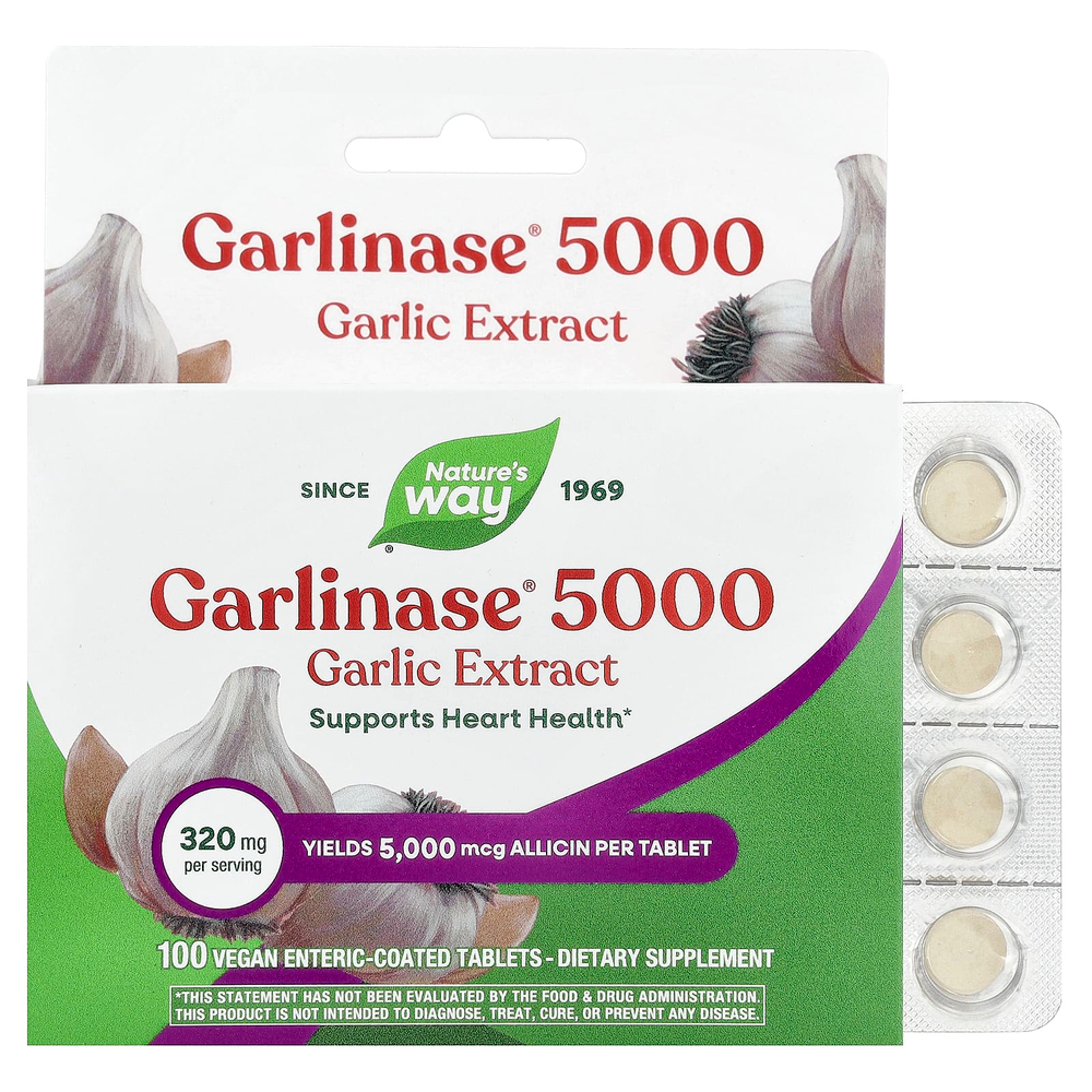 Nature's Way, Garlinase® 5000, экстракт чеснока, 320 мг, 100 веганских таблеток с кишечнорастворимой оболочкой