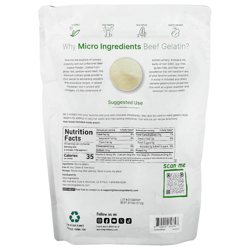 Micro Ingredients, Порошок из говяжьего желатина, без добавок, 907 г (2 фунта)